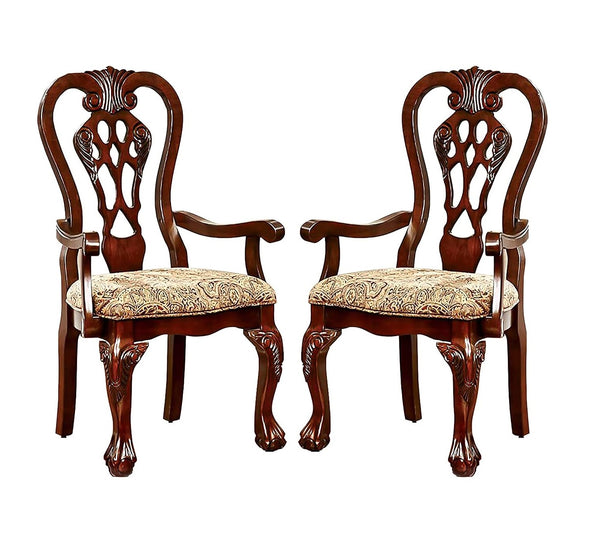 English Elm Formal Classic Set of 2 Arm Chairs Cherry Brown Solid Wood Damask Fabric Padded Seats, Intricate Carved Backs, Ball & Claw Feet B011P248054