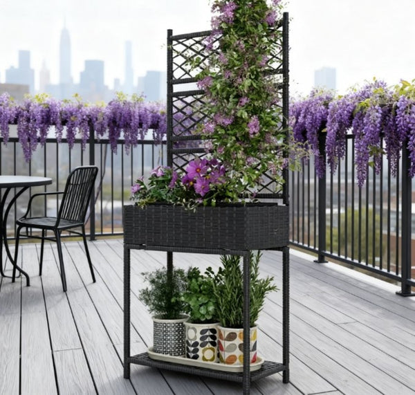 English Elm Freestanding Outdoor Pe Rattan Vertical Planter with Built-in Trellis and Storage Shelf T3971P423758
