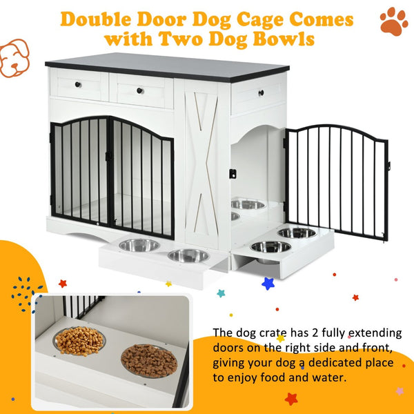 English Elm Go Farmhouse White Wood Dog Crate End Table with Three Drawers and Iron Door Panels N704P338959K