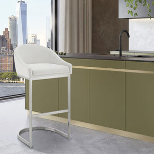 English Elm Ambrie 30" Bar Stool Brushed Stainless Steel with White Faux Leather, Cantilever Base, 250lb Capacity B2736P354388