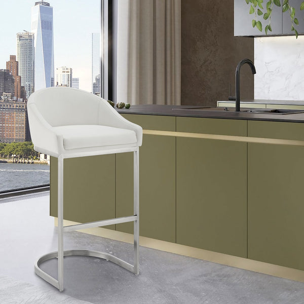 English Elm Ambrie 30" Bar Stool Brushed Stainless Steel with White Faux Leather, Cantilever Base, 250lb Capacity B2736P354388