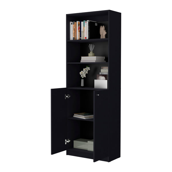 English Elm Sutton Engineered Wood 2-Door Bookcase with Open Shelves, Space-Saving Black Storage Cabinet, Easy Assembly B128P176163