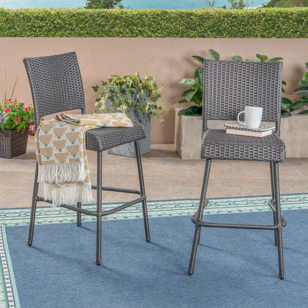 English Elm Christopher Knight Home® - 29" Outdoor PE Rattan Armless Barstools Set of 2 – Durable Woven Patio Seating with Curved Comfort Footrest Grey 59265.00GRY
