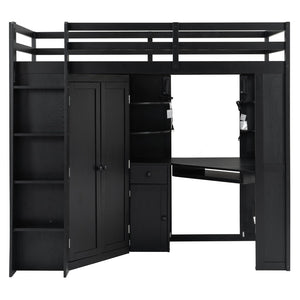 English Elm Twin Loft Bed with Wardrobe Desk Charging Station and Spotlights for Small Rooms Black LT000450AAB
