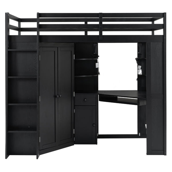 English Elm Twin Loft Bed with Wardrobe Desk Charging Station and Spotlights for Small Rooms Black LT000450AAB