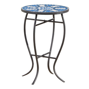 English Elm Christopher Knight Home® - Outdoor Round Side Table Ceramic Mosaic Top in Blue & White with Matte Black Curved Iron Legs, Stylish Patio Accent 61302.00