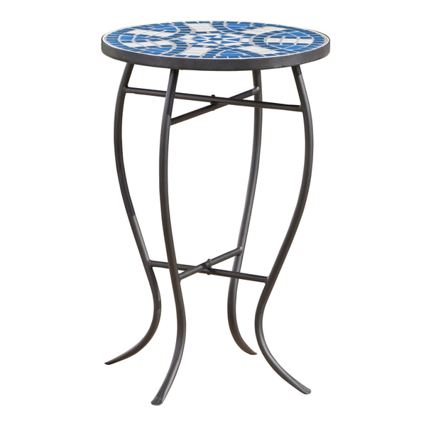English Elm Christopher Knight Home® - Outdoor Round Side Table Ceramic Mosaic Top in Blue & White with Matte Black Curved Iron Legs, Stylish Patio Accent 61302.00