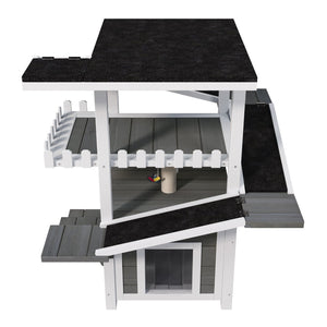 English Elm 4 Tier Outdoor Pine Cat Tower with Waterproof Roof Enclosed Den and Balcony Perch Grey,White N704P436318K