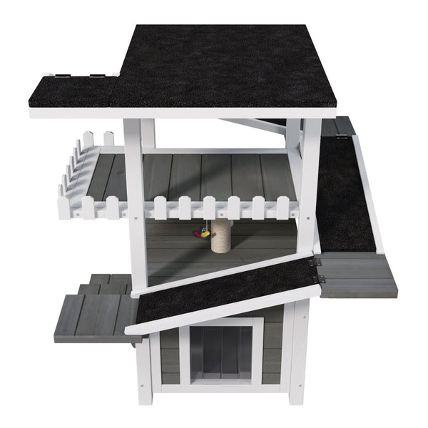 English Elm 4 Tier Outdoor Pine Cat Tower with Waterproof Roof Enclosed Den and Balcony Perch Grey,White N704P436318K