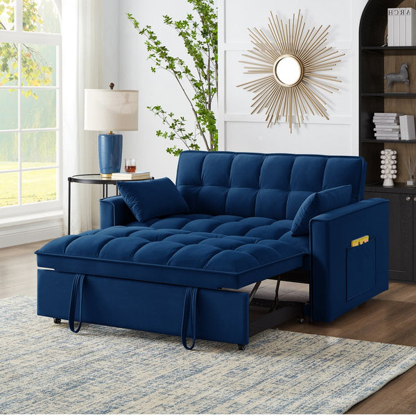 English Elm 4 Loveseat Sofa Bed with Storage Pockets & Armrests, Convertible Pull-Out Sleeper with Wheels, Tufted Comfort and Durable Frame for Small Spaces Navy W2186P166129