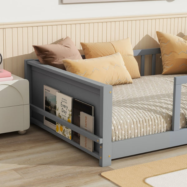 English Elm Twin Floor Platform Bed With Book Rack - Cozy Grey Design, Safe Low Profile, Easy Assembly & Storage W504P345764-GIGA