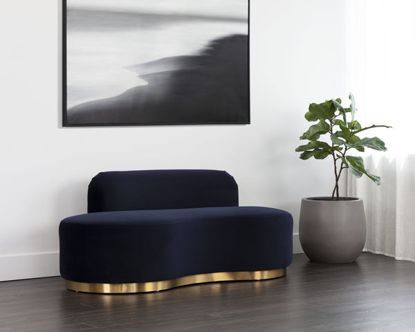 Sunpan Cassey Bench – Contemporary Curved Design with Gold Stainless Steel Base for Stunning Home Appeal Meg Indigo