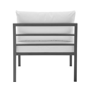 English Elm Sunnyside Outdoor 5-Piece Conversation Set Seats 6 with Waterproof Cushions, UV-Resistant Steel Frame and Slatted Coffee Table White B365S00105