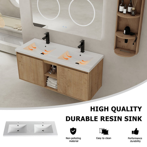 English Elm 48" Wall-Mounted Bathroom Vanity With Double Sink, Soft-Close Doors & Storage Rack For Modern Homes W999S00346