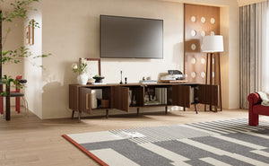English Elm 78 Inch Walnut Entertainment Center Fluted Doors Solid Wood Legs for Living Room N710P372559P