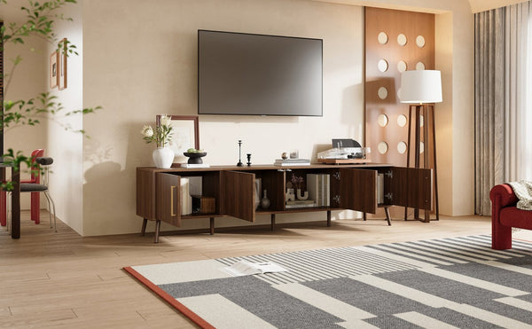 English Elm 78 Inch Walnut Entertainment Center Fluted Doors Solid Wood Legs for Living Room N710P372559P