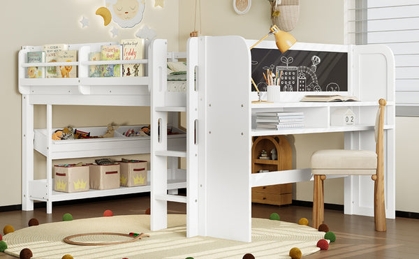 English Elm Twin Low Loft Bed Solid Pine Frame Kids Study Desk Blackboard Storage White Light White W1580S00299