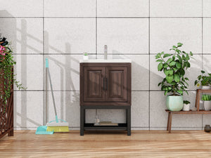 English Elm 24" Bathroom Vanity with Smooth White Ceramic Sink, Durable Metal Hinges, Adjustable Feet, Sleek Faucet & Open Iron Shelf Walnut W688P224404