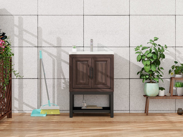 English Elm 24" Bathroom Vanity with Smooth White Ceramic Sink, Durable Metal Hinges, Adjustable Feet, Sleek Faucet & Open Iron Shelf Walnut W688P224404