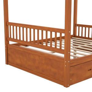 English Elm Wooden Canopy Queen Bed Solid Frame with Built-in Storage Drawers Slatted Base Walnut N7090005036L