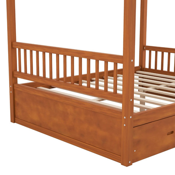 English Elm Wooden Canopy Queen Bed Solid Frame with Built-in Storage Drawers Slatted Base Walnut N7090005036L