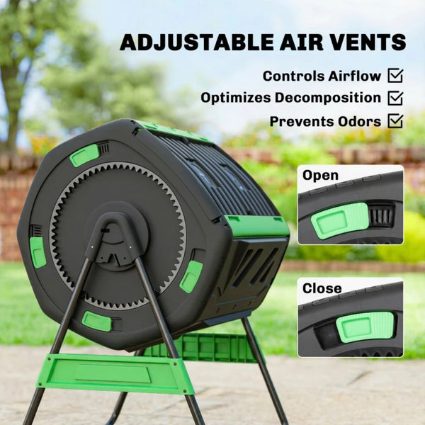 English Elm Dual Chamber Tumbling Composter with 53 Gallon Rotating Drums on Powder Coated Stand Black+Green T3971P467334