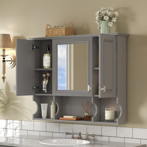 English Elm 35'' Modern Wall-Mounted Medicine Cabinet with Mirror, Hidden Storage and Open Shelves for Bath Gray N710P209443E