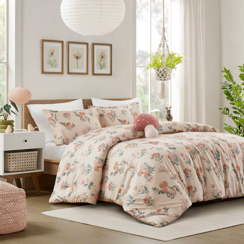 English Elm 4-piece Whimsical Mushroom Floral Microfiber Comforter Set with Shaped Accent Pillow Blush Multi B035P482877