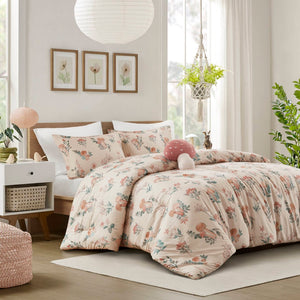 English Elm 4-piece Whimsical Mushroom Floral Microfiber Comforter Set with Shaped Accent Pillow Blush Multi B035P482877