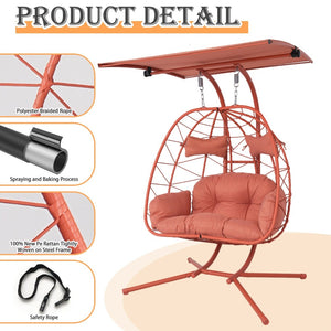 English Elm 2-person Wicker Egg Swing Chair with Canopy Steel Stand Outdoor Patio Lounger T5880P502252