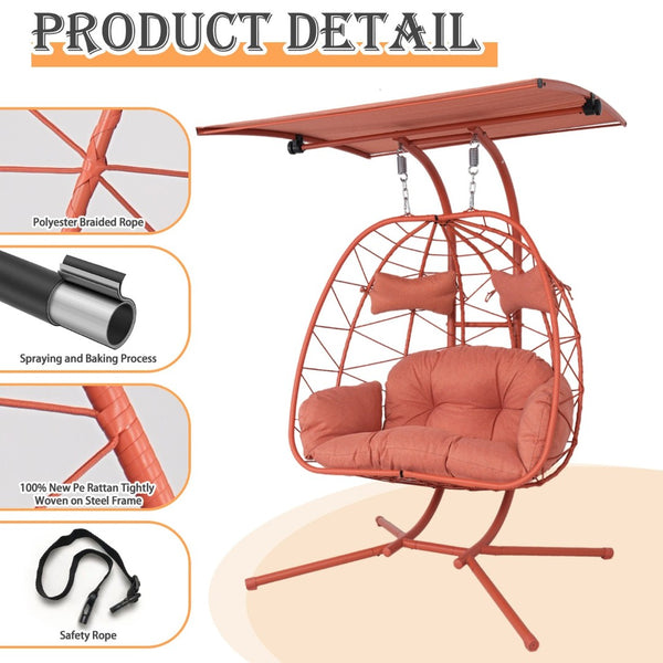 English Elm 2-person Wicker Egg Swing Chair with Canopy Steel Stand Outdoor Patio Lounger T5880P502252