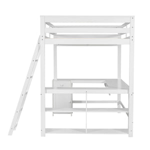 English Elm Full Loft Bed with U-Shaped Workstation, Built-In Drawers, Shelves & Cabinet for Space Saving White GX001039AAK
