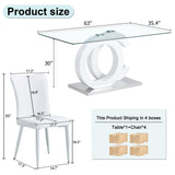 English Elm 1 Table and 4 Chairs Set.63"X35.4 Rectangular Transprant Tempered Glass Dining Tabletop With White Mdf Oc Shaped Bracket.Paired With 4 White Pu Chairs With A Vertical Stripe Design On The Backrest.