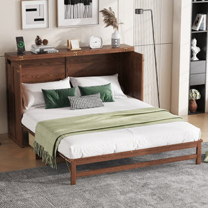 English Elm Murphy Cabinet Queen Bed Solid Pine Frame with Built-in Charging Station for Guest Rooms Walnut W504S00165