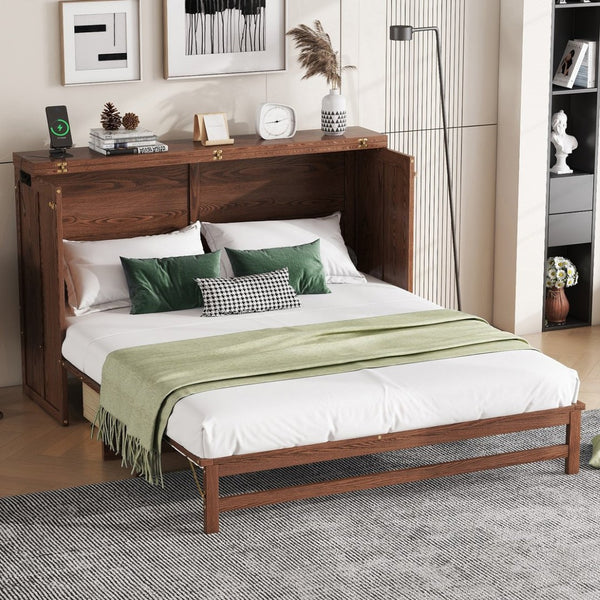 English Elm Murphy Cabinet Queen Bed Solid Pine Frame with Built-in Charging Station for Guest Rooms Walnut W504S00165