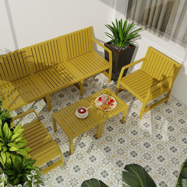 English Elm 5-Piece Outdoor/Indoor Furniture Set with Weatherproof PP, 3-Seater Sofa, 2 Chairs, Easy Assembly, Space-Saving Nesting Tables Yellow W3450S00002