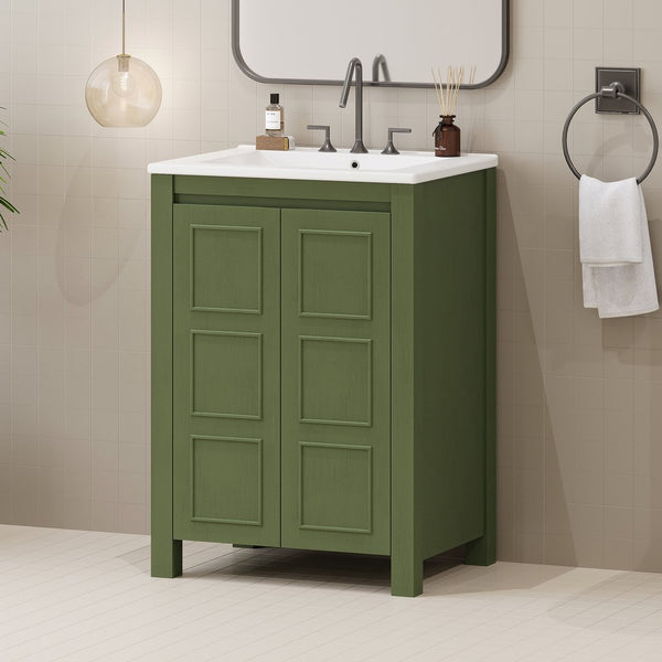 English Elm 24" Vintage Style Small Bathroom Vanity Olive Green with Ceramic Sink, Soft-Close Doors, Shelf (95) N729P292015F
