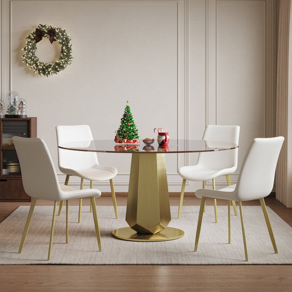 English Elm 53 Inch Round Smoked Glass Dining Table with Gold Steel Base Seats Eight W2700S00095