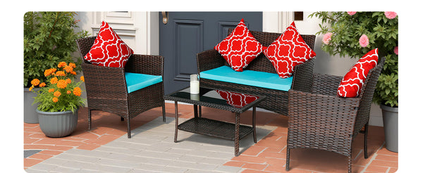 English Elm Four-Piece Outdoor Rattan Sofa Set With Emerald Green Cushions & Stylish Glass Table For Patios W3152P269438