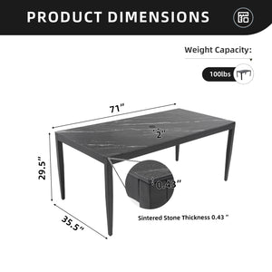 English Elm Outdoor Modern Patio Dining Table 35.5"x71" with Sintered Stone Top, Tapered Legs, Weatherproof Elegance Black Marble-Look Sintered Stone,Ember Black Frame W1886P272392