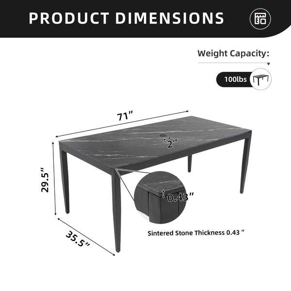 English Elm Outdoor Modern Patio Dining Table 35.5"x71" with Sintered Stone Top, Tapered Legs, Weatherproof Elegance Black Marble-Look Sintered Stone,Ember Black Frame W1886P272392