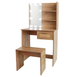 English Elm Vanity Desk Set Stool & Dressing Table With Led Lighting Mirror Drawer and Compartments Modern Wood Cosmetic Table Chest Of Drawers Nature Color