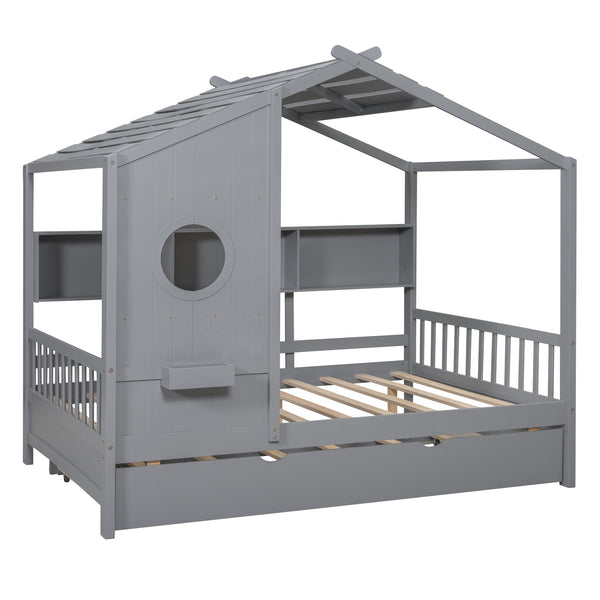 English Elm Wooden Full Size House Bed with Trundle and Built-In Shelves — Modern Pine Frame, Whimsical Roof Design Gray 57.2 L x 16.25 W x 5.9 H N733S316125E