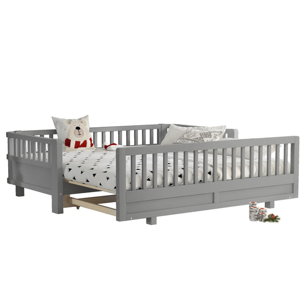 English Elm Twin Size Platform Bed With Guardrails - Stylish, Solid Wood Frame Converts To Double Twin, Grey W1580S00240-GIGA