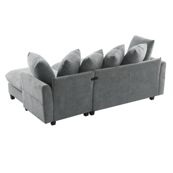 English Elm 83" Sectional Sofa with Hidden Storage, Movable Ottoman Bed, Ergonomic Curved Arms & Six Pillows Grey N719S001960E