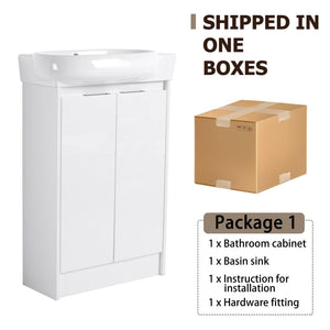 English Elm 23" Freestanding Bathroom Vanity with Ceramic Vessel Sink, Soft-Close Doors, Adjustable Shelf Storage Glossy White W999P206105