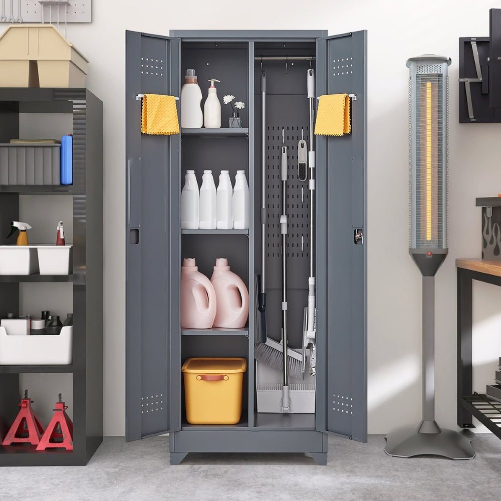 English Elm Broom and Mop Steel Utility Cabinet with Locking Doors Hanging Rod Adjustable Shelves T3625P372657