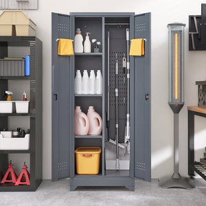 English Elm Broom and Mop Steel Utility Cabinet with Locking Doors Hanging Rod Adjustable Shelves T3625P372657