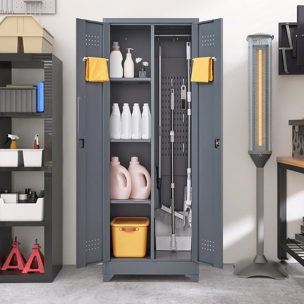 English Elm Broom and Mop Steel Utility Cabinet with Locking Doors Hanging Rod Adjustable Shelves T3625P372657
