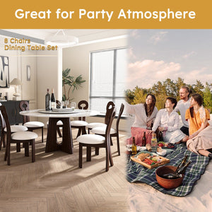 English Elm Modern Round Dining Table Set - 59" Sintered Stone Top With Walnut Base & 360° Lazy Susan For 8 People W2700S00014